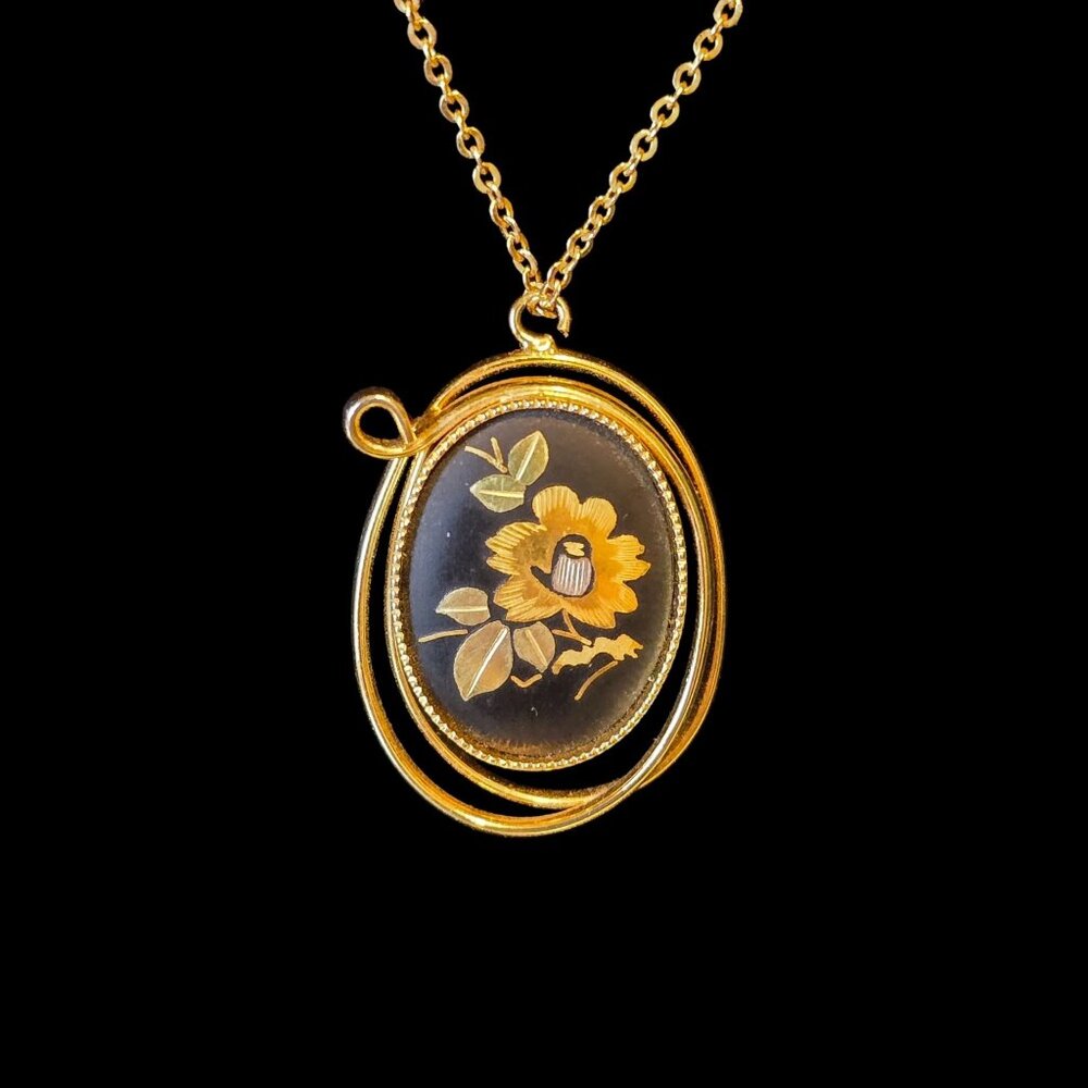 Vintage AMI Asian Art Gold Black Collarbone Necklace, 15.5"